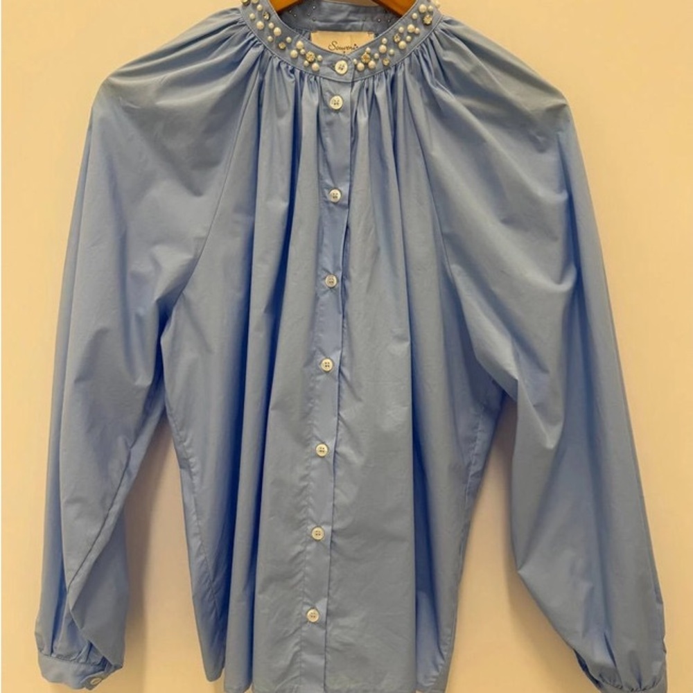 Blue Embellished Relaxed Button Down Shirt